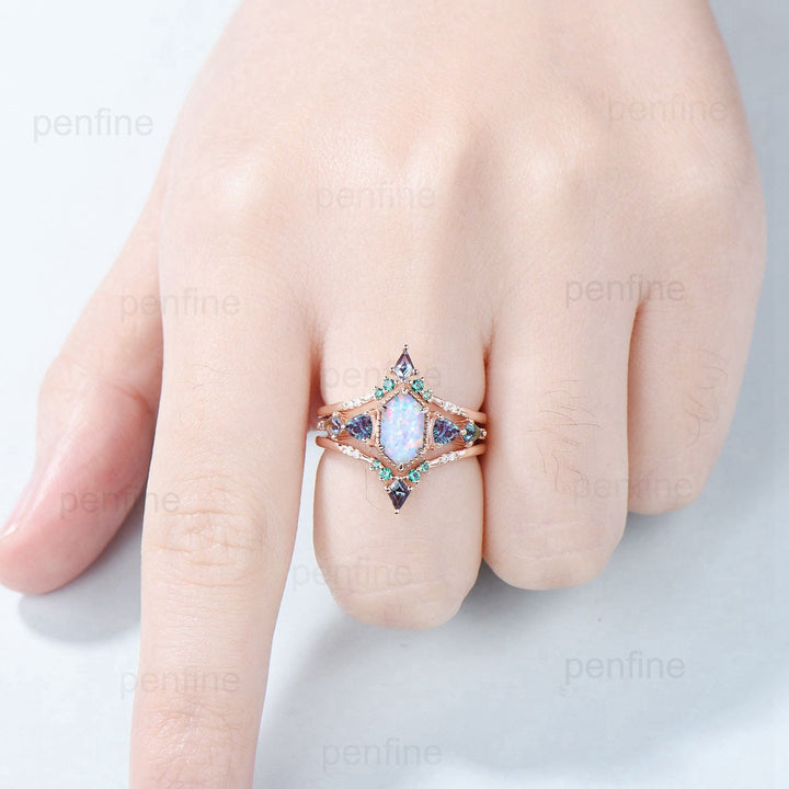 Vintage Rose Gold Alexandrite & Opal Ring Set, Handmade - PENFINE