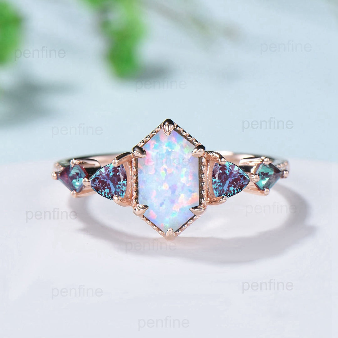 Vintage Rose Gold Alexandrite & Opal Ring Set, Handmade - PENFINE