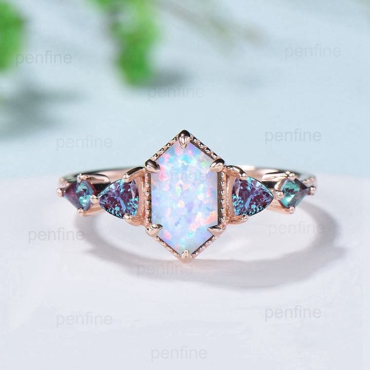 Vintage Rose Gold Alexandrite & Opal Ring Set, Handmade - PENFINE