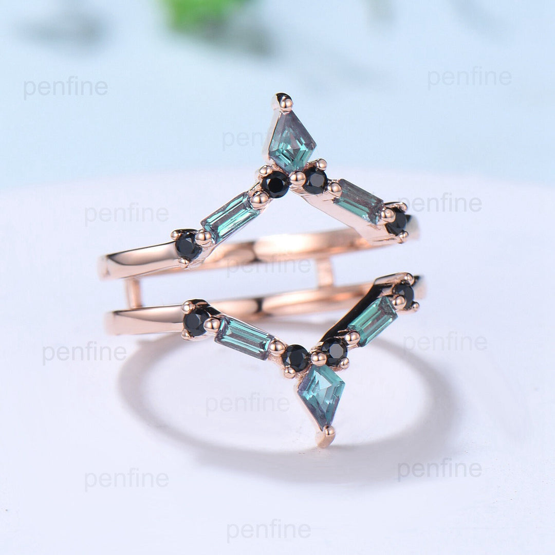 Double V curved kite baguette alexandrite wedding band enhancer wraps solid rose gold vintage black spinel stacking band anniversary gift - PENFINE