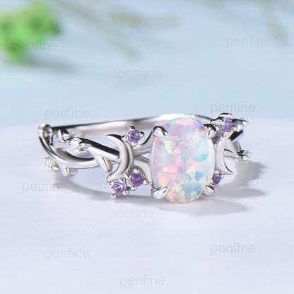 Unique 1.5CT Oval Cut Opal Ring Vintage White Opal Moon Engagement Ring Twig  Branch Cluster Amethyst Wedding Ring PromiseGift For Women - PENFINE