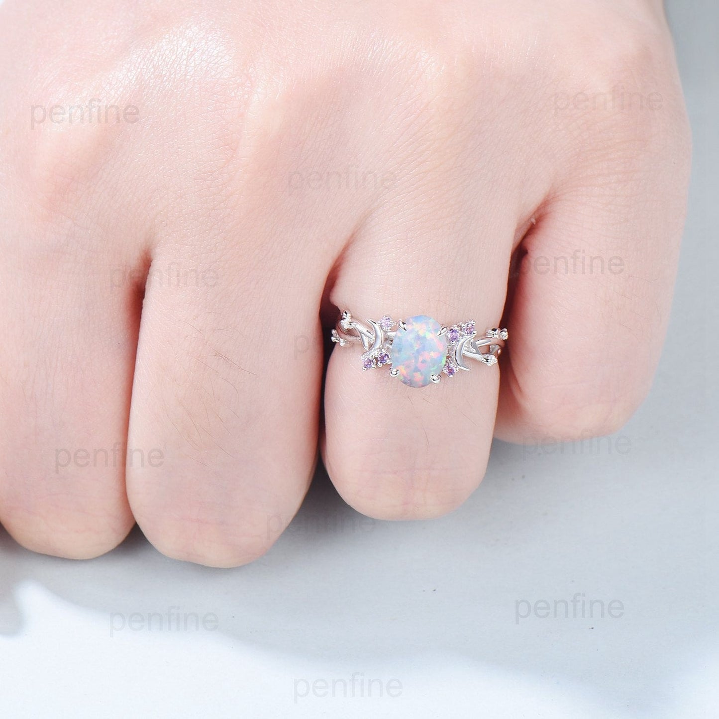 Unique 1.5CT Oval Cut Opal Ring Vintage White Opal Moon Engagement Ring Twig  Branch Cluster Amethyst Wedding Ring PromiseGift For Women - PENFINE