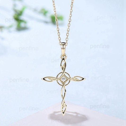 Cross Pendant Necklace Silver yellow Gold Necklace Moissanite Retro Vintage Cross Norse Viking Pendant Angle Anniversary gift for women - PENFINE