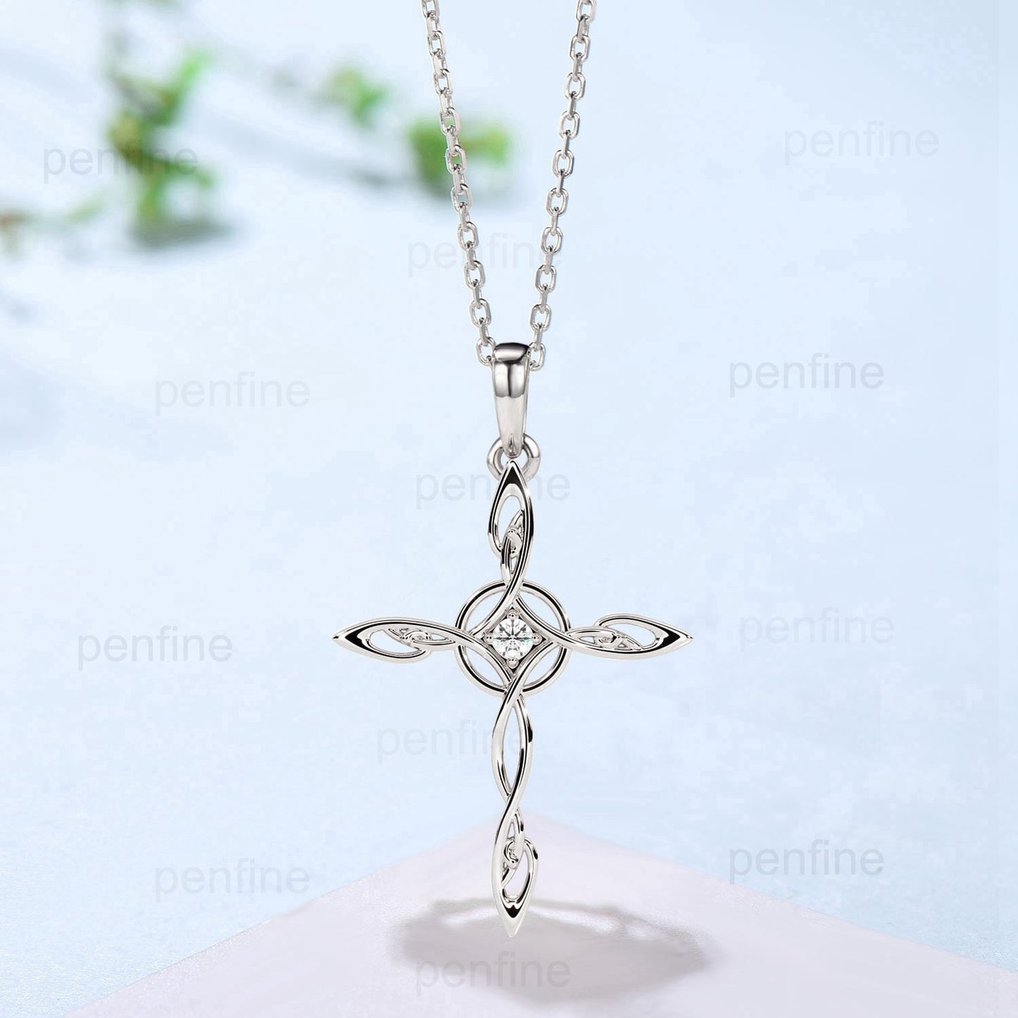 Cross Pendant Necklace Silver yellow Gold Necklace Moissanite Retro Vintage Cross Norse Viking Pendant Angle Anniversary gift for women - PENFINE