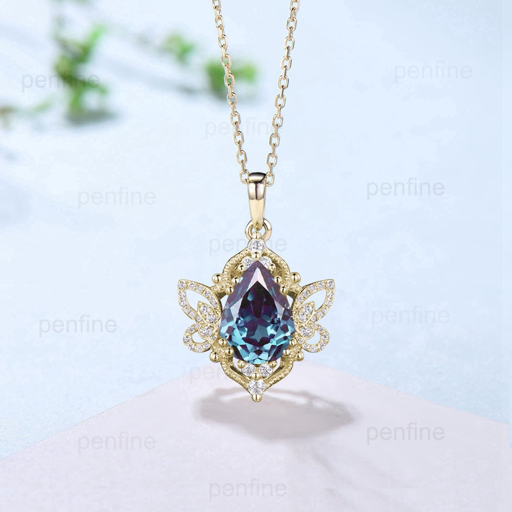 Vintage Pear Shaped Alexandrite Pendant Necklace Unique Butterfly Color Change Pendant Alternative Alexandrite Diamond Necklace For Women - PENFINE