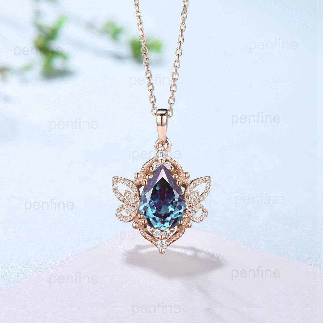 Vintage Pear Shaped Alexandrite Pendant Necklace Unique Butterfly Color Change Pendant Alternative Alexandrite Diamond Necklace For Women - PENFINE