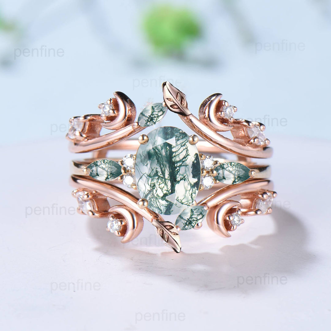 1.5CT Natural Oval Moss Agate Engagement Ring Set Marquise Aquatic Agate Moon Wedding Ring Nature Inspired Double Leaf Stacking Bridal Set - PENFINE