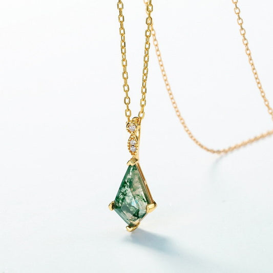7x12mm kite moss agate pendant necklace Yellow Gold green agate necklace Minimalist Vintage pendant handmade bridal promise anniversary gift - PENFINE