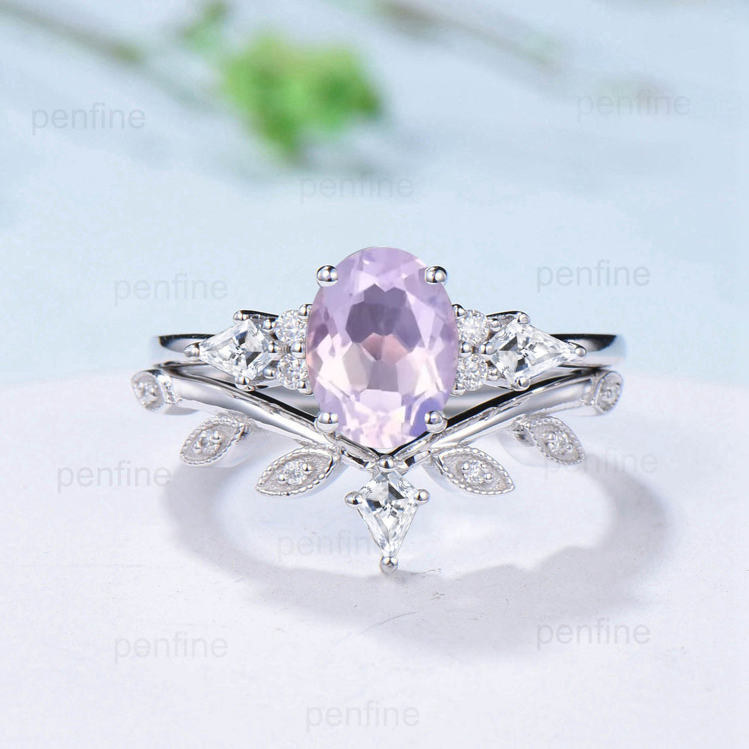 Vintage Lavender Amethyst Ring Set Unique Cluster Kite Moss Agate  Purple Crystal Engagement Ring Unique Leaf Bridal Set February Birthstone - PENFINE