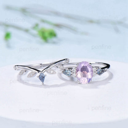 Vintage Lavender Amethyst Ring Set Unique Cluster Kite Moss Agate  Purple Crystal Engagement Ring Unique Leaf Bridal Set February Birthstone - PENFINE