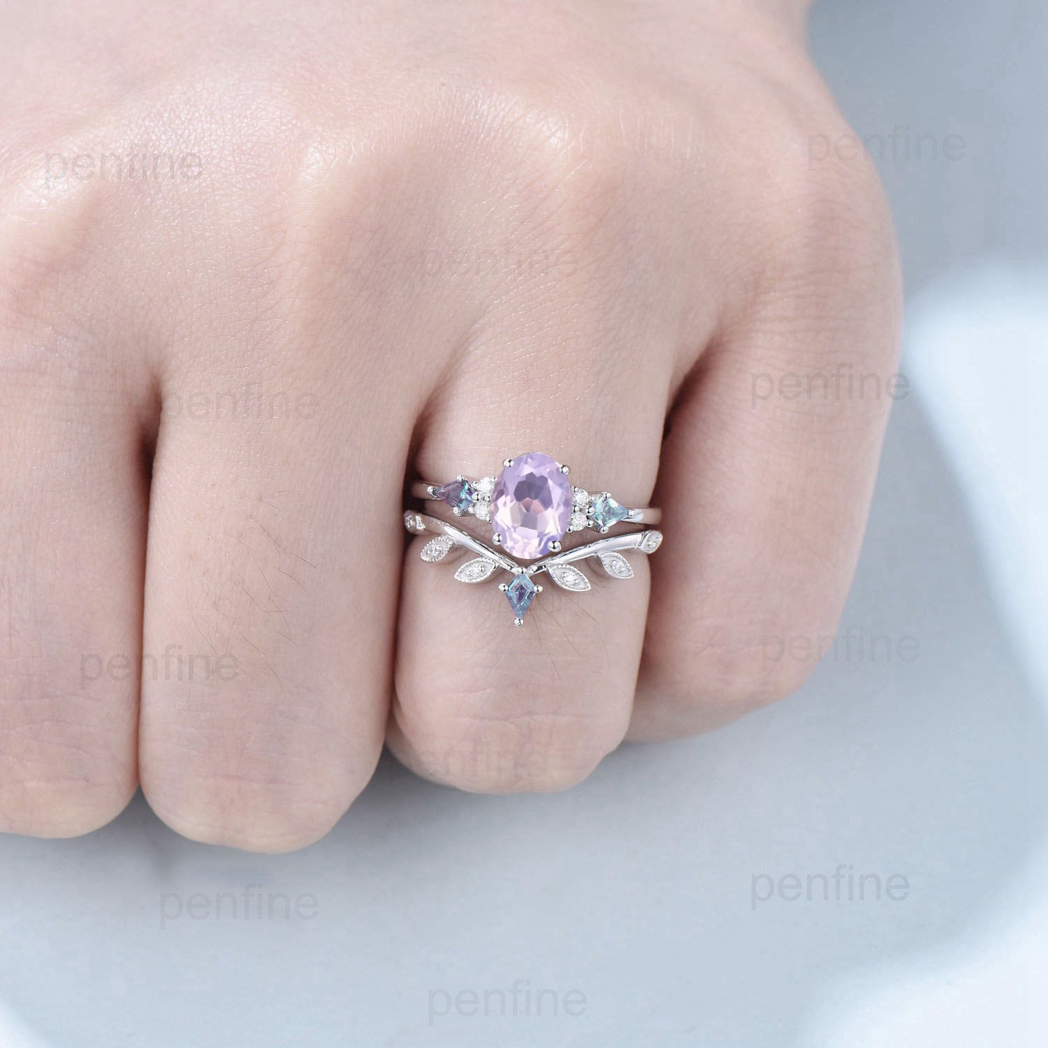 Vintage Lavender Amethyst Ring Set Unique Cluster Kite Moss Agate  Purple Crystal Engagement Ring Unique Leaf Bridal Set February Birthstone - PENFINE