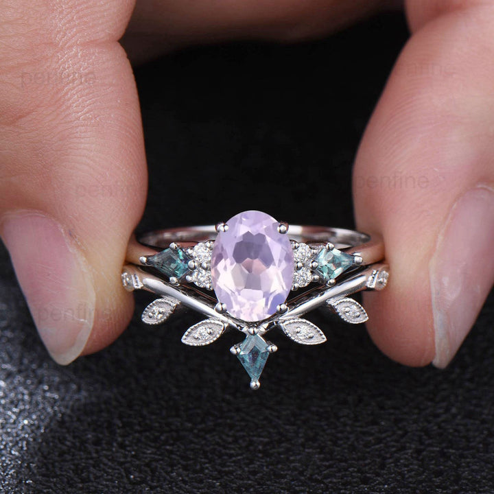 Vintage Lavender Amethyst Ring Set Unique Cluster Kite Moss Agate  Purple Crystal Engagement Ring Unique Leaf Bridal Set February Birthstone - PENFINE