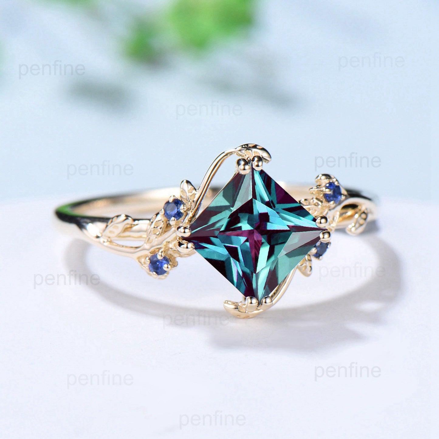 Nature Inspired Princess Cut Alexandrite  Engagement Ring Vintage Leaf Branch Color Change Stone Ring Twig Vine Wedding Ring Proposal Gifts - PENFINE