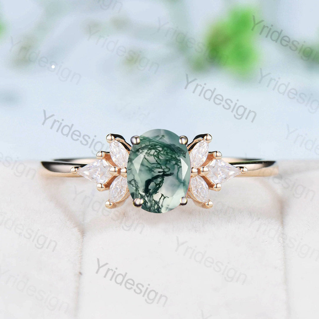 Oval Moss agate engagement ring vintage unique Cluster yellow gold engagement ring women kite moissanite wedding Bridal art deco Anniversary - PENFINE