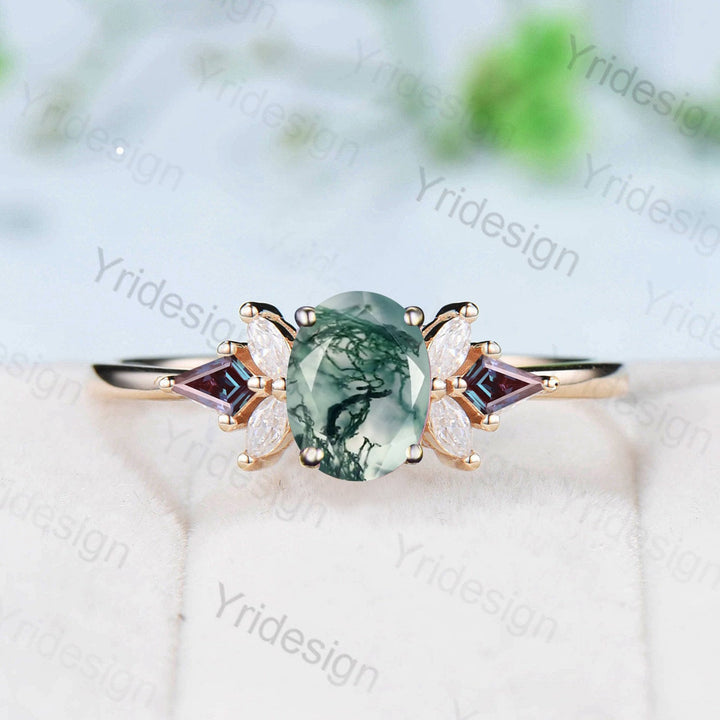 Oval Moss agate engagement ring vintage unique Cluster yellow gold engagement ring women kite moissanite wedding Bridal art deco Anniversary - PENFINE