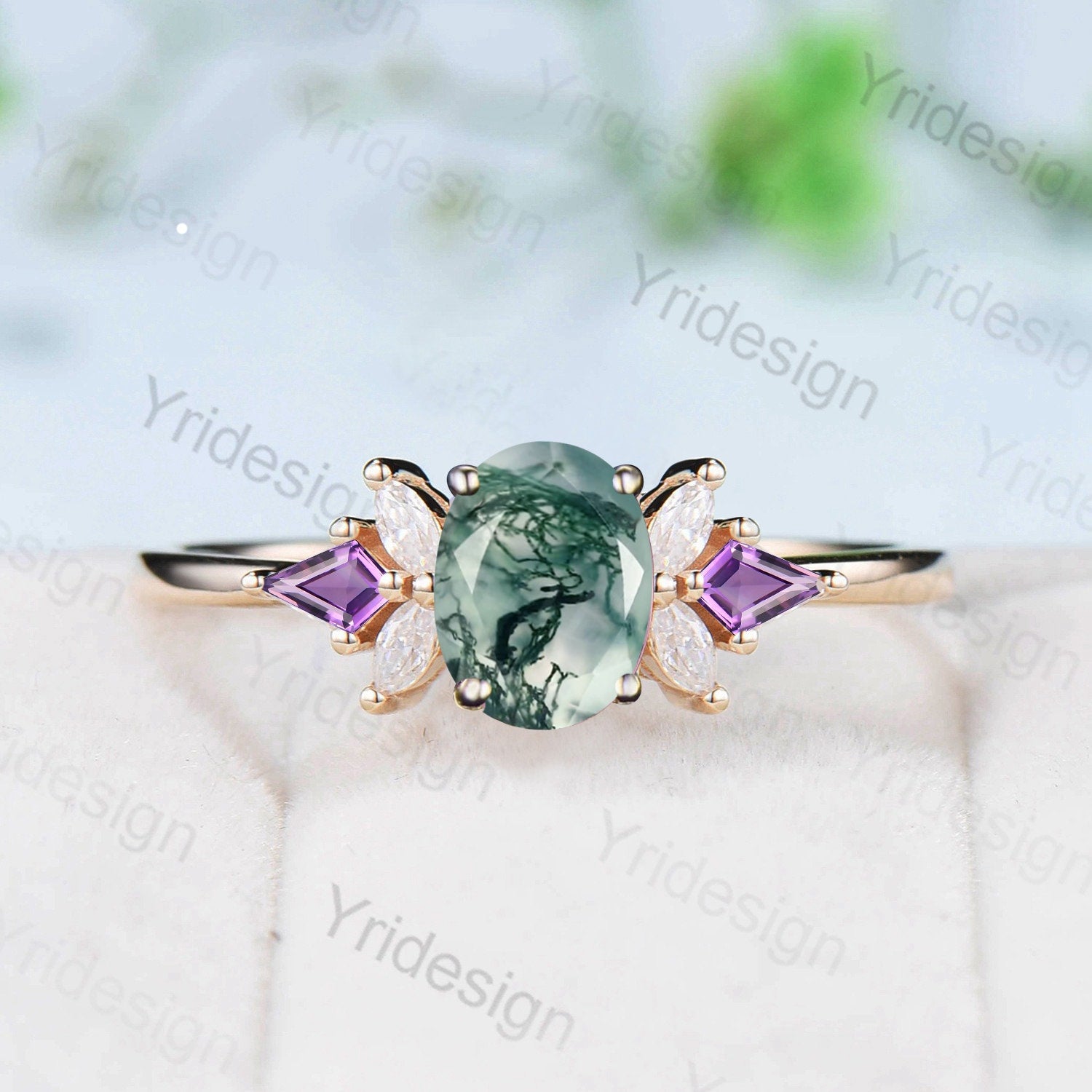 Oval Moss agate engagement ring vintage unique Cluster yellow gold engagement ring women kite moissanite wedding Bridal art deco Anniversary - PENFINE