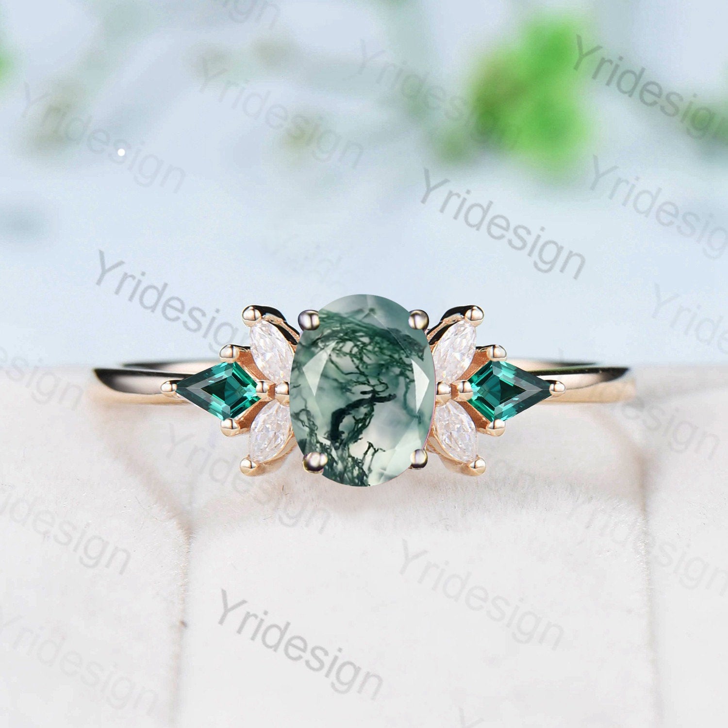 Round moss agate engagement ring art deco moissanite ring rose gold ring for women marquise ring unique vintage best engagement ring selling gift