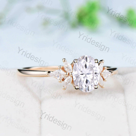 Vintage oval moissanite engagement ring Cluster kite marquise moissanite yellow gold wedding ring retro Nedia handmade proposal gifts women - PENFINE
