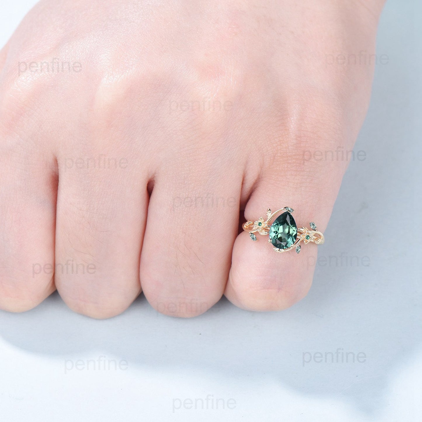 Elegant Pear Green Sapphire Ring Nature Inspired Teal Sapphire Engagement Ring Flower Green Agate Wedding Ring Emerald Branch Leaf Vine Ring - PENFINE