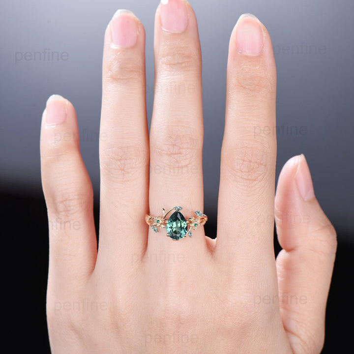 Elegant Pear Green Sapphire Ring Nature Inspired Teal Sapphire Engagement Ring Flower Green Agate Wedding Ring Emerald Branch Leaf Vine Ring - PENFINE