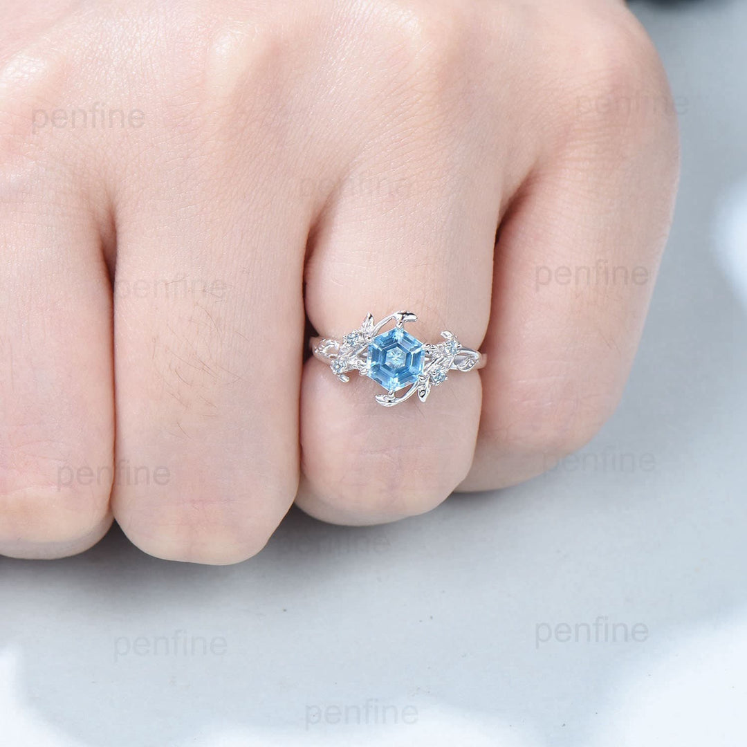 Twig Vine Swiss Blue Topaz Ring Vintage Hexagon cut Leaf light blue topaz engagement ring branch Natural Inspired November birthstone ring - PENFINE