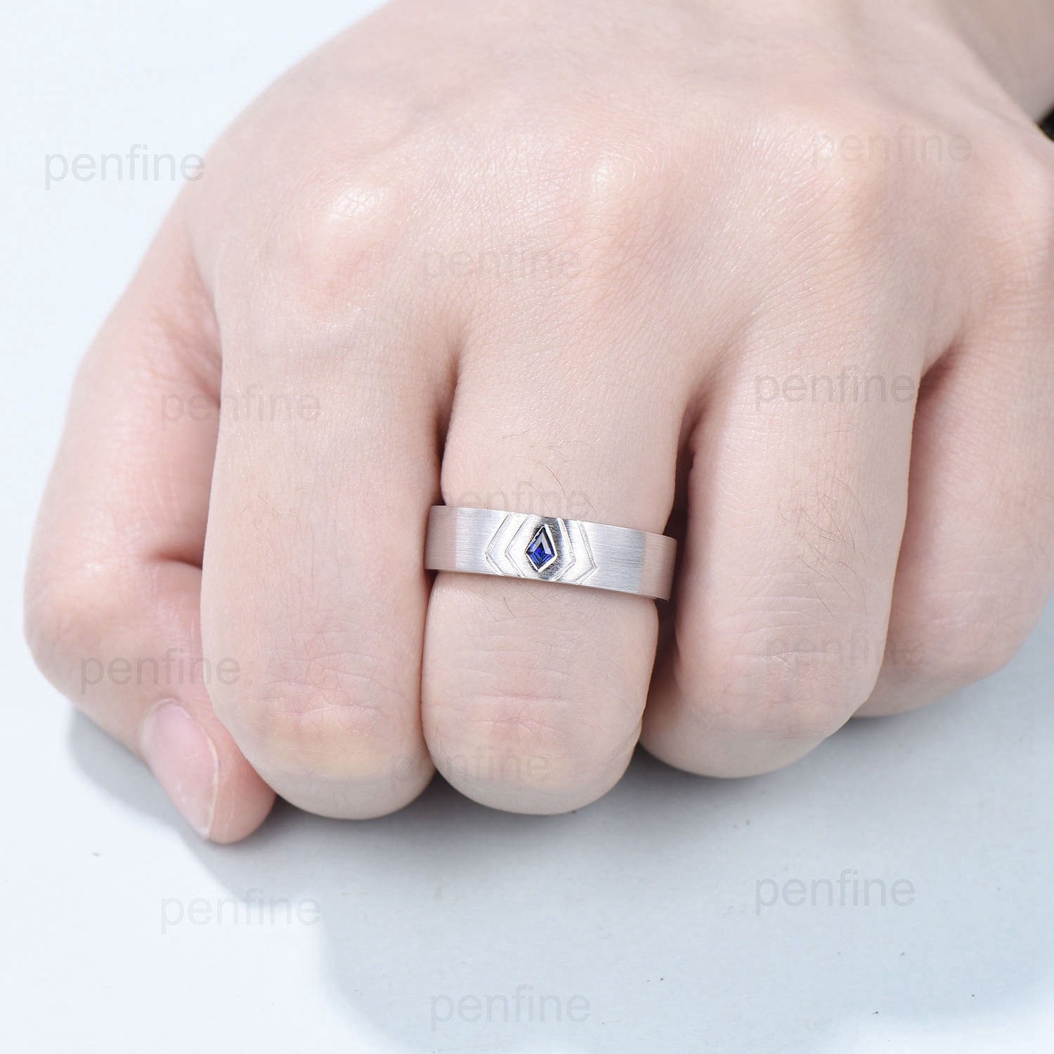 6mm Howls Moving Castle Men's Ring Kite Cut Sapphire Wedding Band Silver White Gold Howl's Ring Sophie's Ring Matching Band Gift For Men - PENFINE