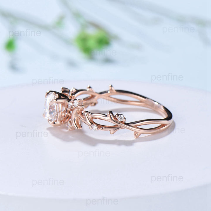 Round Brilliant Moissanite ring Leaf Branch Rose Gold Moissanite Engagement Ring Nature Inspired Moon Wedding Ring Unique Twig Promise Ring - PENFINE