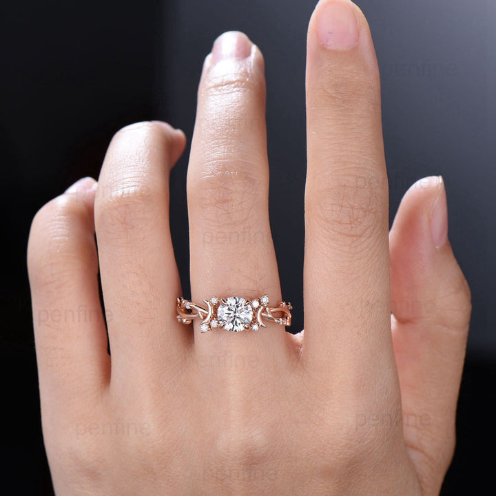 Round Brilliant Moissanite ring Leaf Branch Rose Gold Moissanite Engagement Ring Nature Inspired Moon Wedding Ring Unique Twig Promise Ring - PENFINE