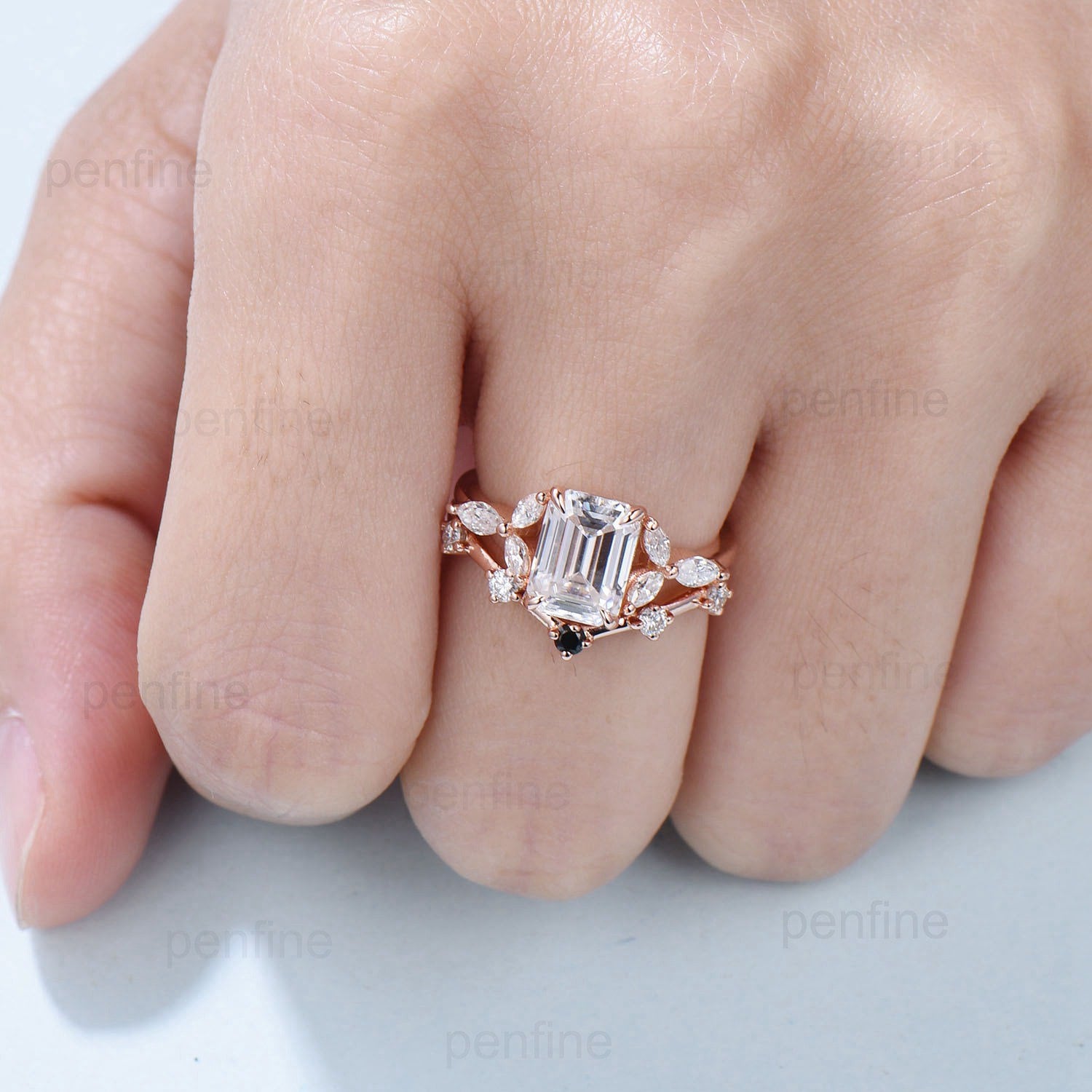 2 carat Emerald Cut Moissanite Engagement Ring Set Vintage 7 Stone Marquise Moissanite Wedding Ring Set Five Stone Cute Stacking Bridal Set - PENFINE