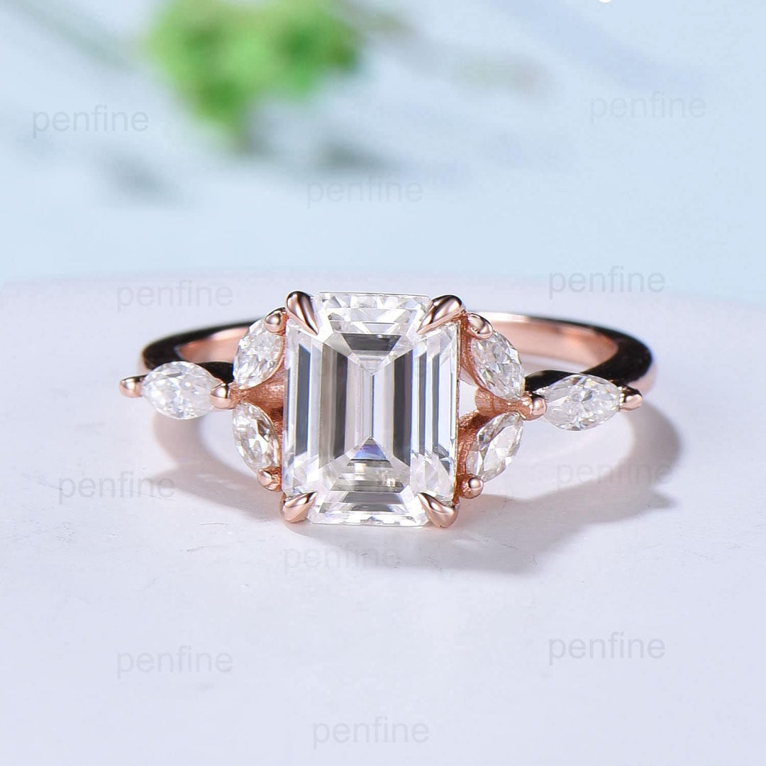 2 carat Emerald Cut Moissanite Engagement Ring Set Vintage 7 Stone Marquise Moissanite Wedding Ring Set Five Stone Cute Stacking Bridal Set - PENFINE