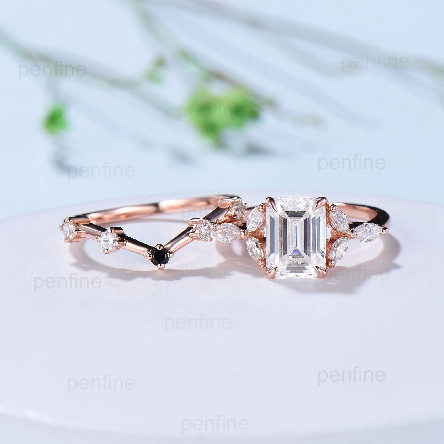 2 carat Emerald Cut Moissanite Engagement Ring Set Vintage 7 Stone Marquise Moissanite Wedding Ring Set Five Stone Cute Stacking Bridal Set - PENFINE