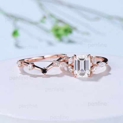 2 carat Emerald Cut Moissanite Engagement Ring Set Vintage 7 Stone Marquise Moissanite Wedding Ring Set Five Stone Cute Stacking Bridal Set - PENFINE