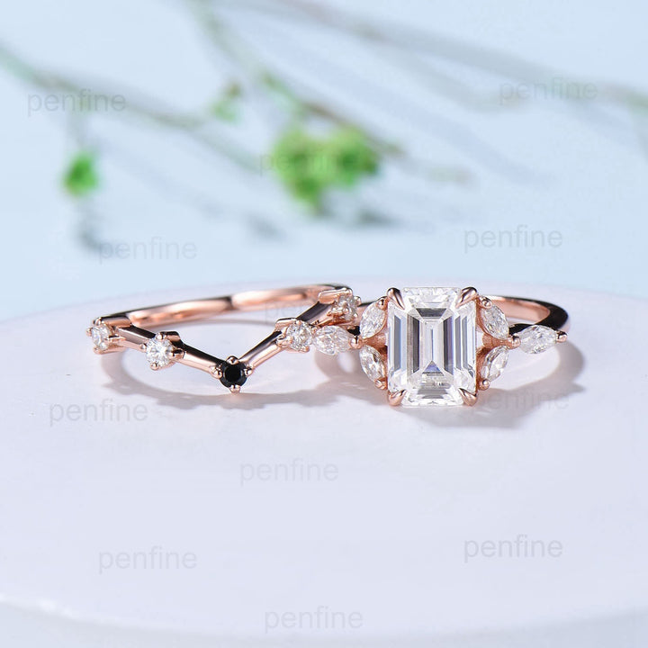 2 carat Emerald Cut Moissanite Engagement Ring Set Vintage 7 Stone Marquise Moissanite Wedding Ring Set Five Stone Cute Stacking Bridal Set - PENFINE