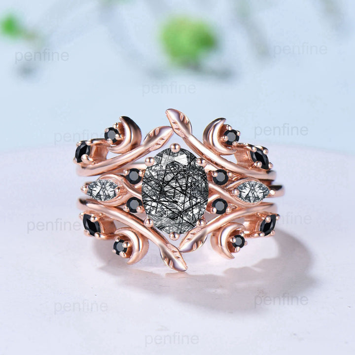 1.5CT Natural Oval Black Rutilated Quartz Engagement Ring Set Black Spinel Moon Wedding Ring Nature Inspired Double Leaf Stacking Bridal Set - PENFINE