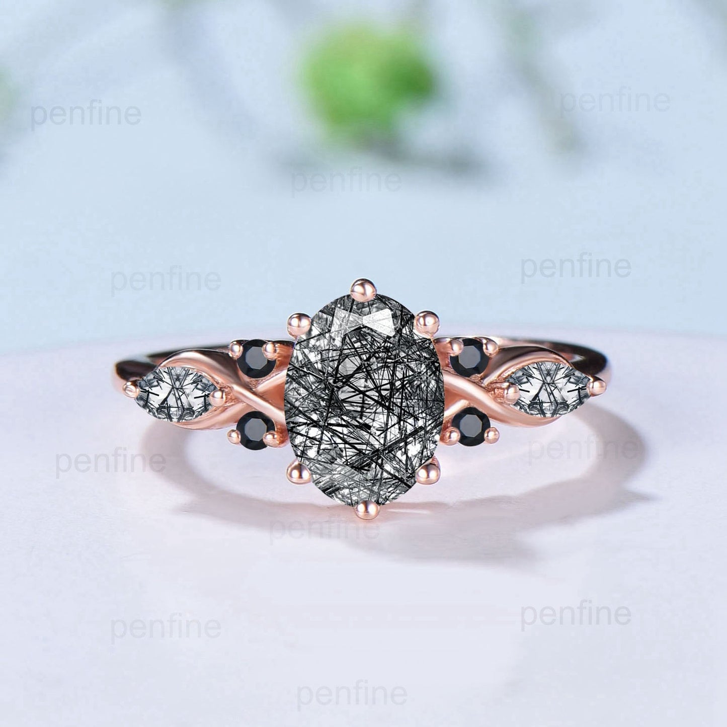 1.5CT Natural Oval Black Rutilated Quartz Engagement Ring Set Black Spinel Moon Wedding Ring Nature Inspired Double Leaf Stacking Bridal Set - PENFINE