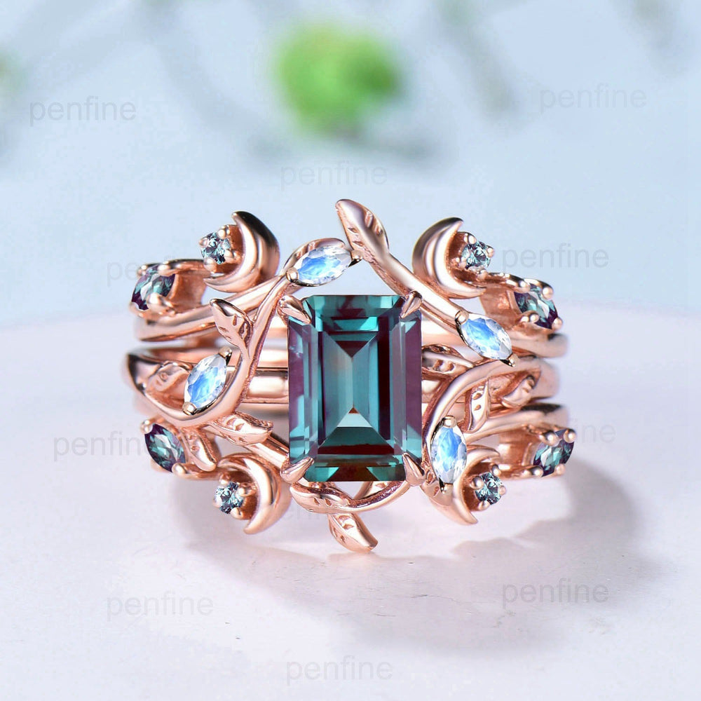 Art Deco emerald cut alexandrite engagement ring set nature inspired moonstone wedding set double leaf vine moon June birthstone bridal set - PENFINE