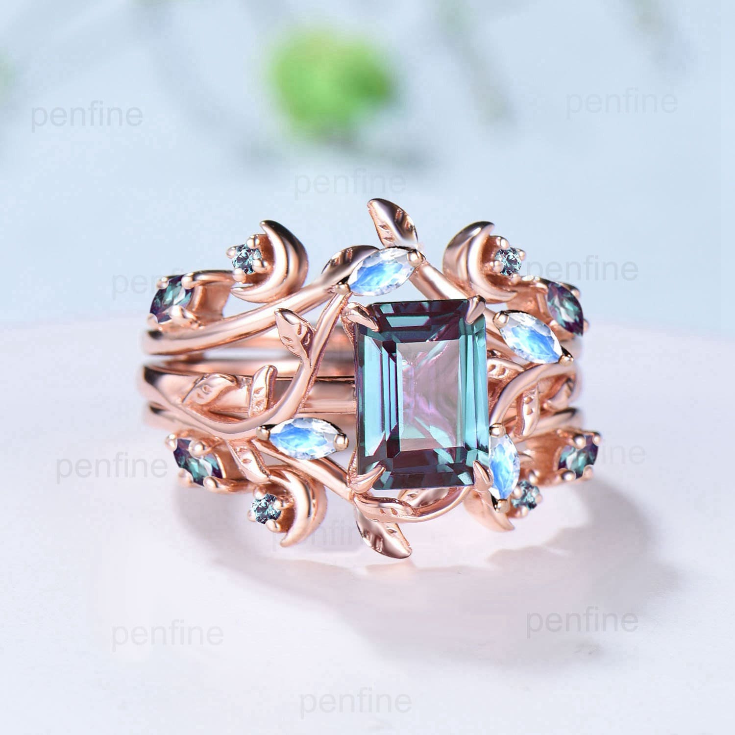 Art Deco emerald cut alexandrite engagement ring set nature inspired moonstone wedding set double leaf vine moon June birthstone bridal set - PENFINE