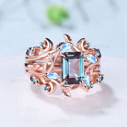 Art Deco emerald cut alexandrite engagement ring set nature inspired moonstone wedding set double leaf vine moon June birthstone bridal set - PENFINE