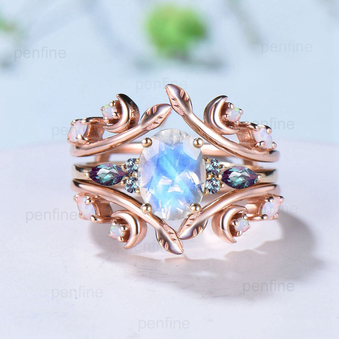 Vintage Oval Moonstone Engagement Ring Set Leaf Bine Alexandrite Wedding Set June Birthstone Double Curved Moo Opal Stacking Twig Bridal Set - PENFINE