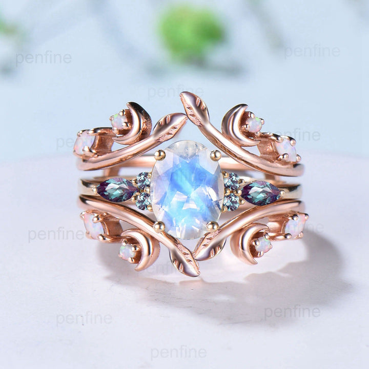 Vintage Oval Moonstone Engagement Ring Set Leaf Bine Alexandrite Wedding Set June Birthstone Double Curved Moo Opal Stacking Twig Bridal Set - PENFINE