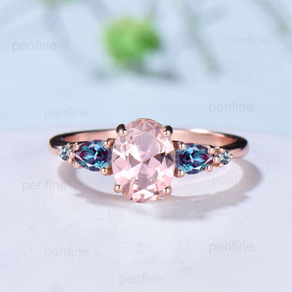 Nature Inspired oval morganite engagement ring set rose gold Leaf vine moon engagement ring women double vintage alexandrite matching band - PENFINE