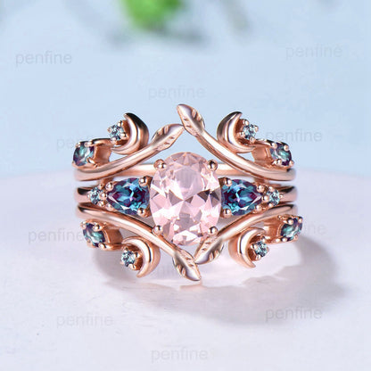 Nature Inspired oval morganite engagement ring set rose gold Leaf vine moon engagement ring women double vintage alexandrite matching band - PENFINE