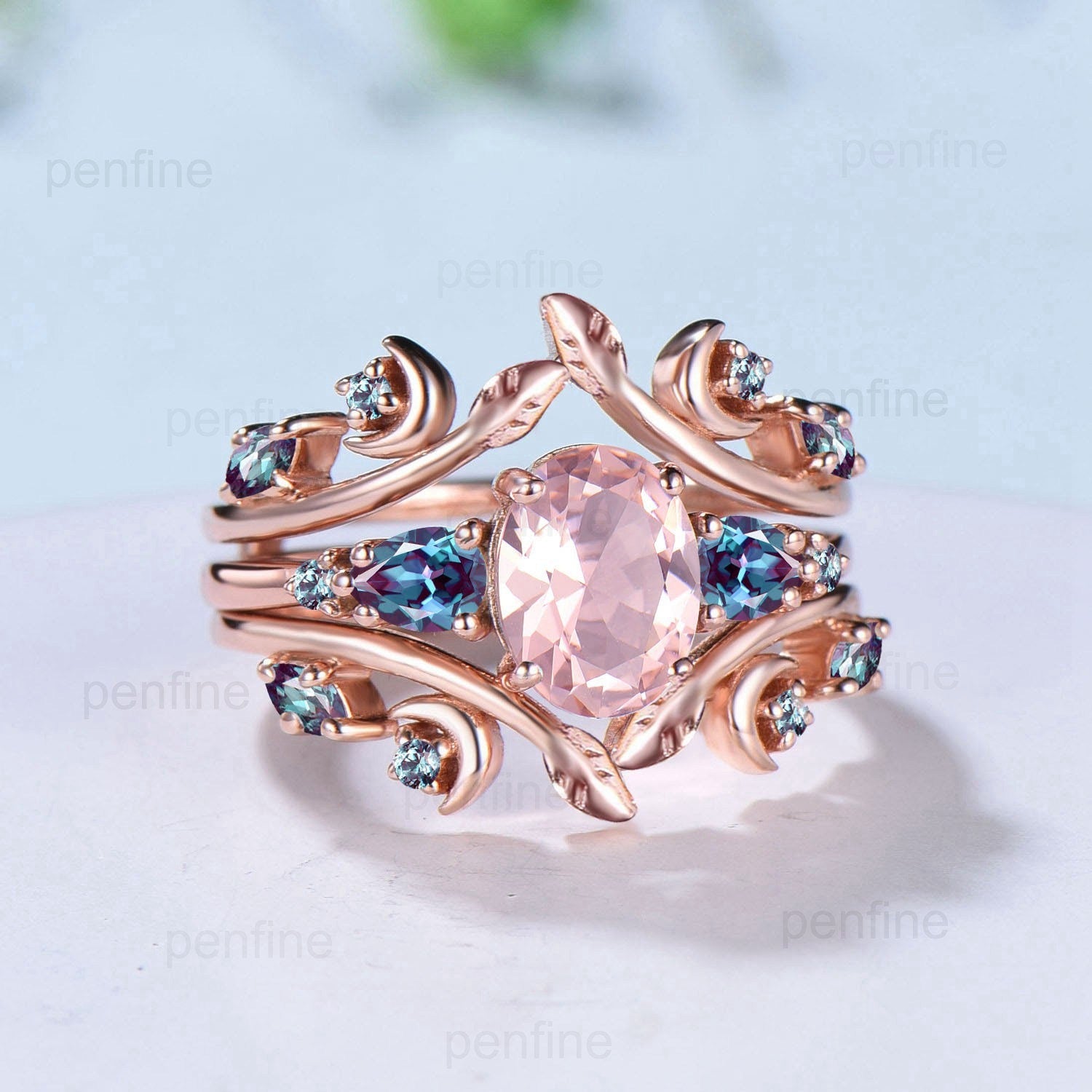 Nature Inspired oval morganite engagement ring set rose gold Leaf vine moon engagement ring women double vintage alexandrite matching band - PENFINE