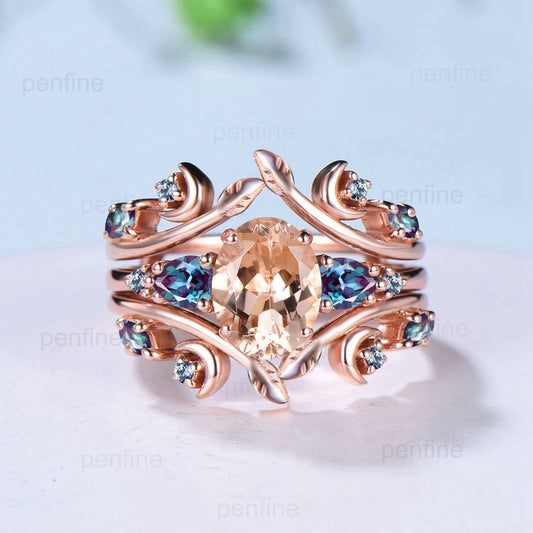 Nature Inspired oval morganite engagement ring set rose gold Leaf vine moon engagement ring women double vintage alexandrite matching band - PENFINE