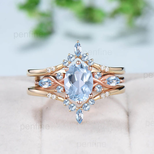 1.5CT Oval Natural Aquamarine Engagement Ring Set Vintage March Birthstone Wedding Ring Set Double Curved Stacking Matching Band Bridal Set - PENFINE