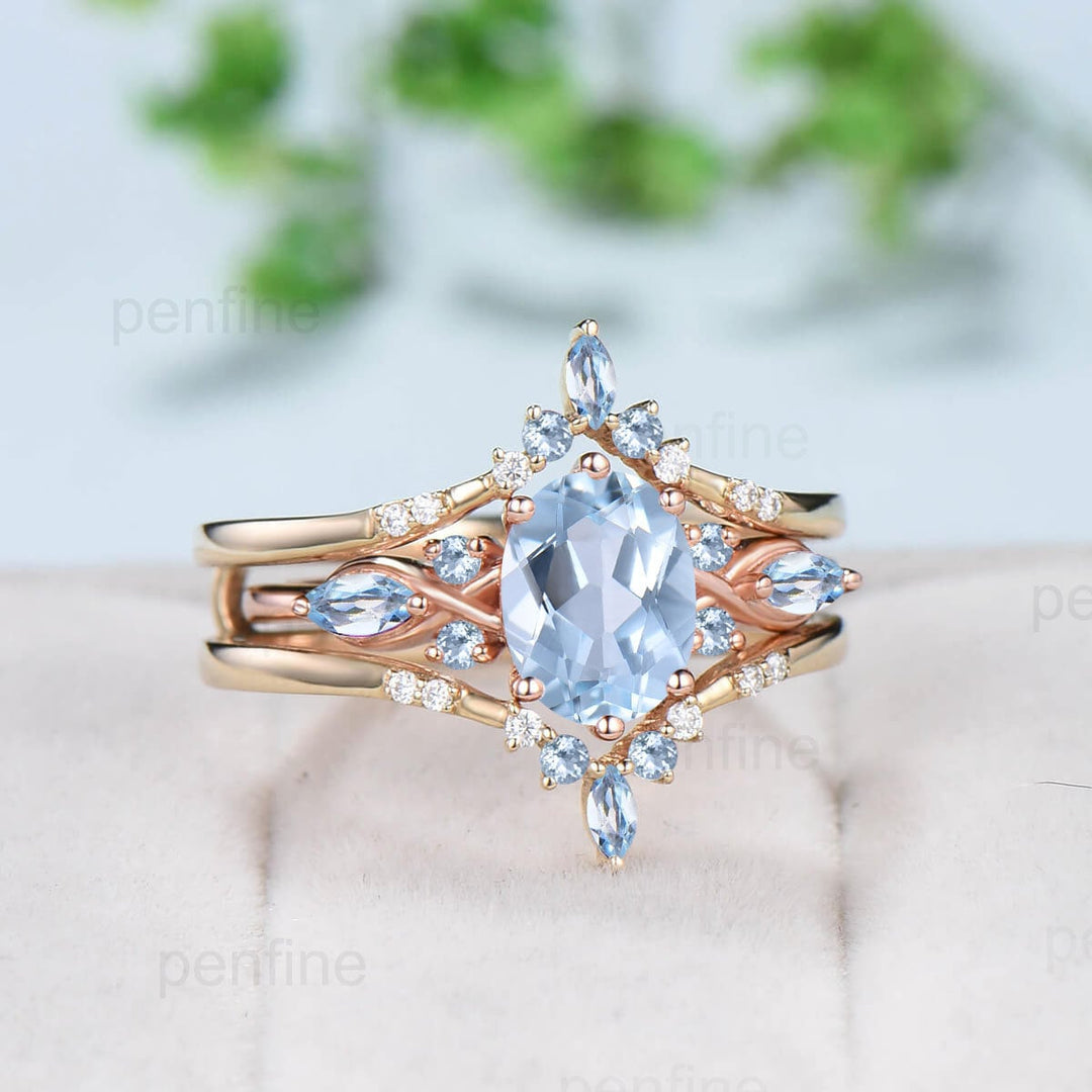 1.5CT Oval Natural Aquamarine Engagement Ring Set Vintage March Birthstone Wedding Ring Set Double Curved Stacking Matching Band Bridal Set - PENFINE