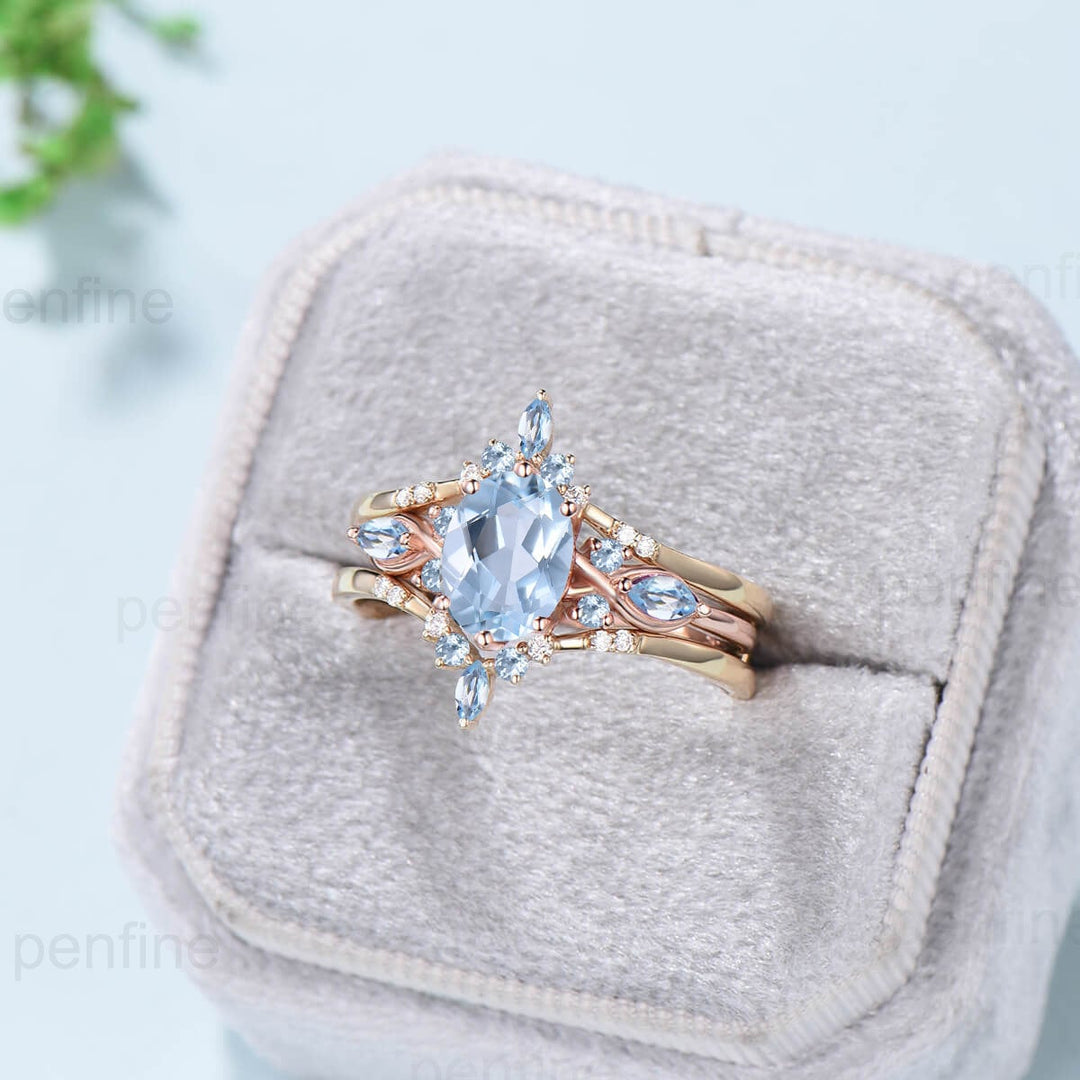 1.5CT Oval Natural Aquamarine Engagement Ring Set Vintage March Birthstone Wedding Ring Set Double Curved Stacking Matching Band Bridal Set - PENFINE