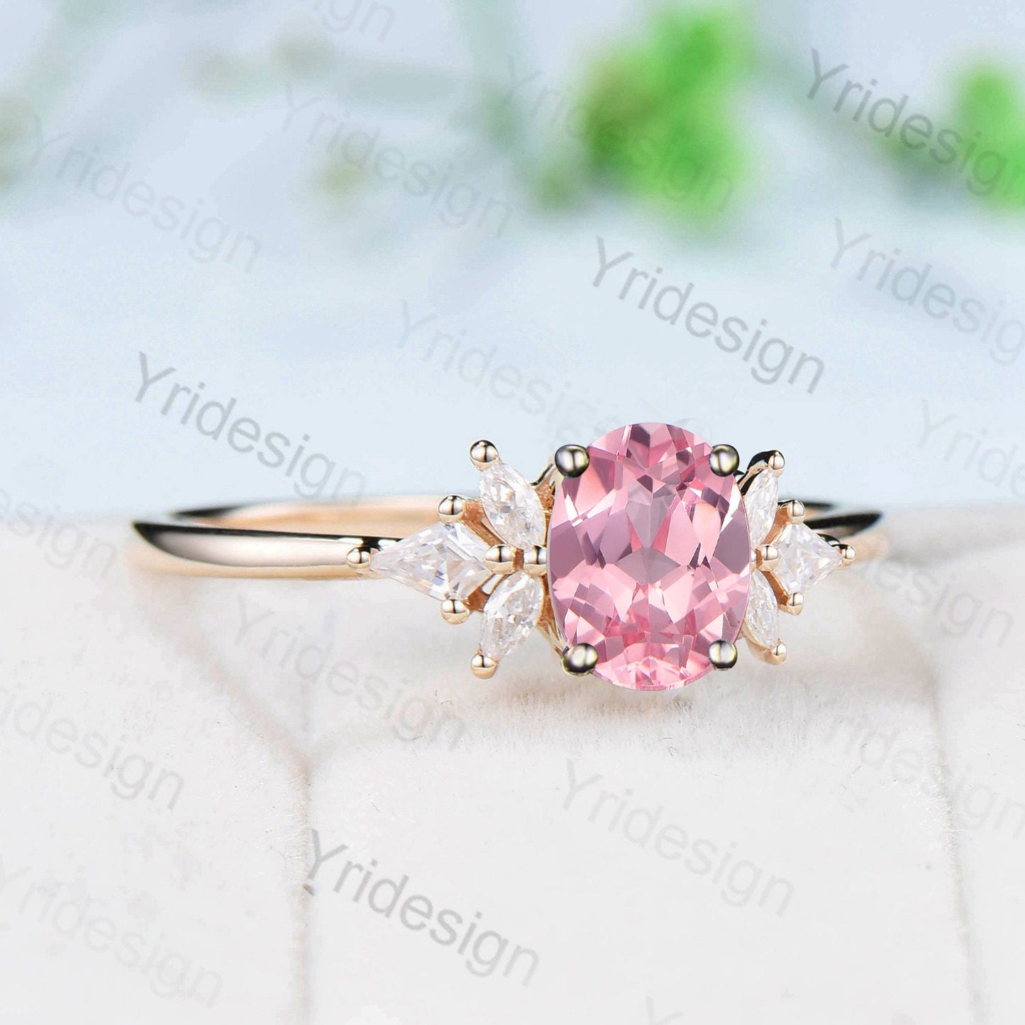 Vintage Padparadscha sapphire engagement ring Oval Papalacha Sapphire Gold wedding ring Marquise moissanite handmade proposal gifts women - PENFINE