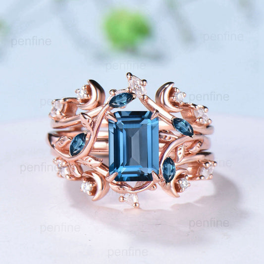 Art Deco emerald cut London blue topaz engagement ring set nature inspired deep blue wedding set double leaf vine moon topaz bridal ring set - PENFINE