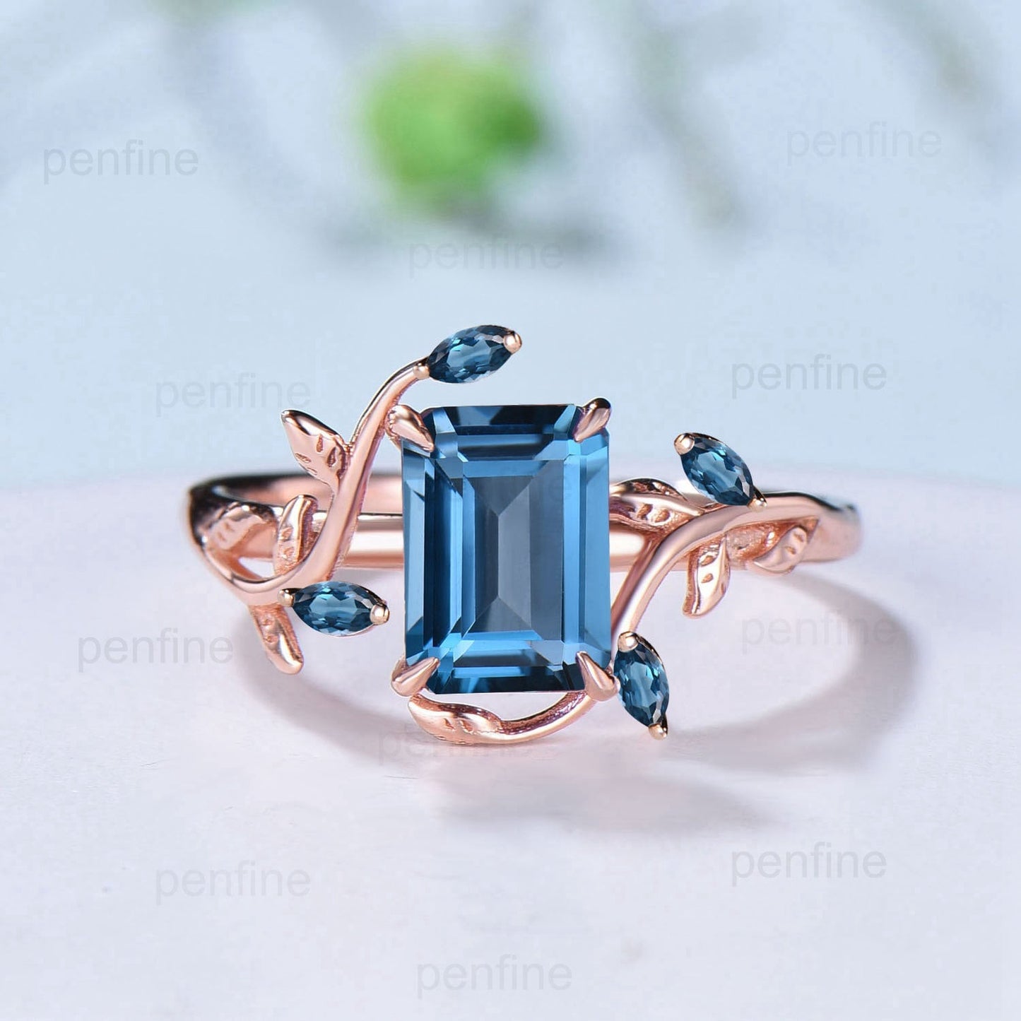 Art Deco emerald cut London blue topaz engagement ring set nature inspired deep blue wedding set double leaf vine moon topaz bridal ring set - PENFINE